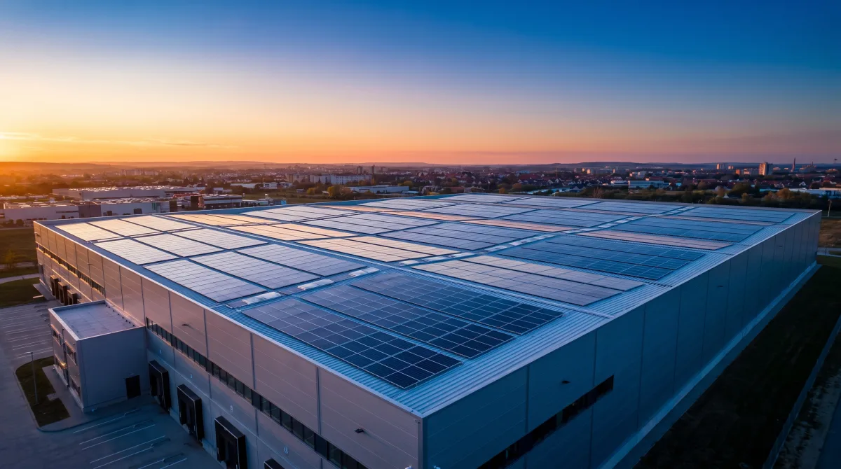 Impianto fotovoltaico industriale sul tetto di uno stabilimento al tramonto