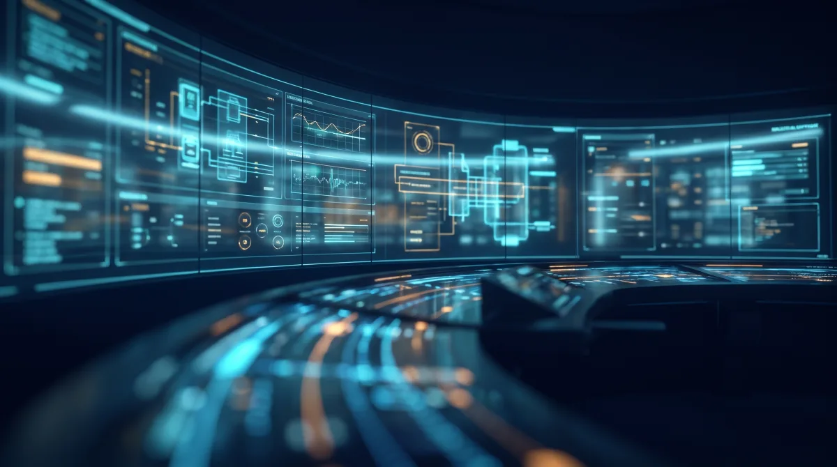 Sala controllo con dashboard di supervisione della produzione industriale